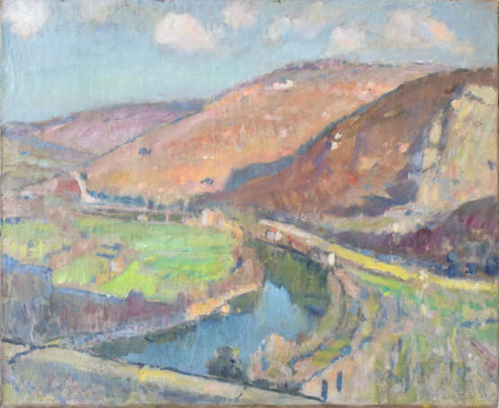 Impressionist Landscape w River Valley Oil on canvas Landscape painting Early 20th Century - photo 1