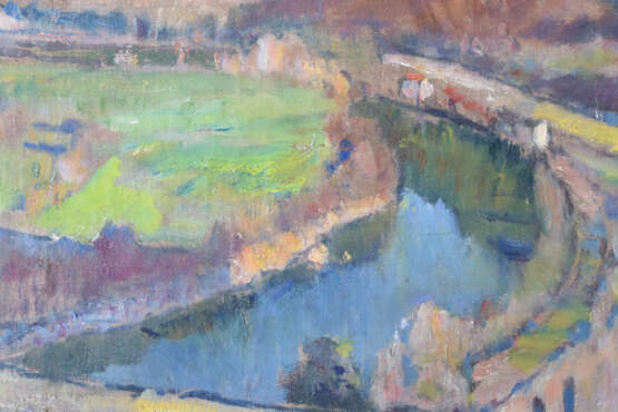 Impressionist Landscape w River Valley Huile sur toile Peinture de paysage Early 20th Century - photo 2