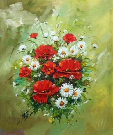 Painting “Bouquet of poppies and daisies”, Fiberboard, Oil, Realist, Still life, Russia, 2021 - photo 1