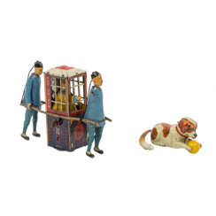 LEHMANN/KÖHLER zwei Blechspielzeuge: Sänfte "Mandarin", um 1903 und "Spielender Hund",