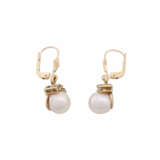 Ohrringe mit je 1 Perle gekrönt von 3 kleinen Brillanten, - photo 2