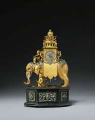 A SILVERED BRONZE, ENAMELED SILVER AND GILT-BRONZE ELEPHANT AUTOMATON CLOCK