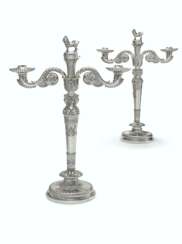A PAIR OF GEORGE III SILVER TWO-LIGHT CANDELABRA