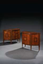 A PAIR OF GEORGE III SATINWOOD, EBONIZED, PENWORK AND MARQUETRY COMMODES
