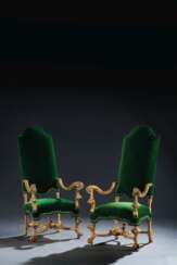 A PAIR OF QUEEN ANNE GILTWOOD ARMCHAIRS