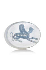 A GRECO-PERSIAN BLUE CHALCEDONY SCARABOID WITH A WINGED SPHINX
