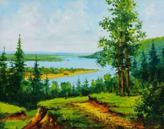 Gemälde „Freiflächen an der Wolga“, Hartfaserplatte, Öl, Realismus, Landschaftsmalerei, Russland, 2021 - Foto 1