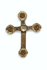 A ROCK CRYSTAL MOUNTED SILVER AND GILT-COPPER REPOUSSE CROSS