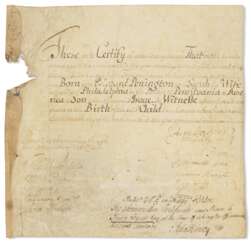A birth certificate for an early member of the Penington family