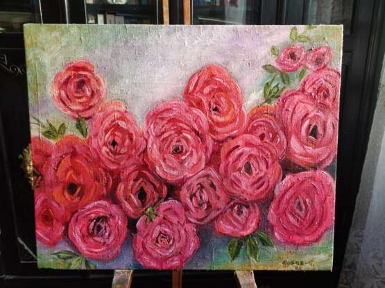 Цветы розовые розы. Rose. холст льняной Масло Цветочный натюрморт Украина 2021 г. - фото 1