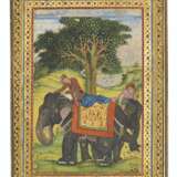 TWO ELEPHANTS WITH MAHOUTS RESTING BENEATH A TREE - photo 1
