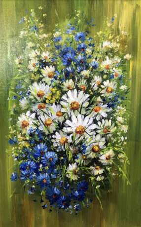 Gemälde „Strauß Gänseblümchen und Kornblumen“, Hartfaserplatte, Öl, Realismus, Stillleben, Russland, 2021 - Foto 1