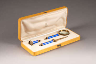 A FABERGE-STYLE SILVER AND ENAMEL DESK SET WITHIN FITTED CASE