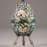 A SILVER AND CLOISONNÉ ENAMEL EGG-SHAPED BOX ON STAND - photo 1