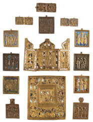 THREE DIPTYCHS, A TRIPTYCH AND TEN BRASS ICONS SHOWING SELECTED SAINTS