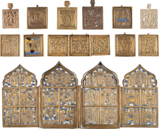 A QUADRIPTYCH, A TRIPTYCH AND TEN SMALL BRASS ICONS SHOWING THE MAIN FEASTS OF THE ORTHODOX CHURCH - photo 1