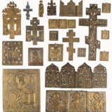 THREE TRIPTYCHS, QUADRIPTYCH, FIVE CRUCIFIXES AND ELEVEN BRASS ICONS SHOWING SELECTED SAINTS - фото 1