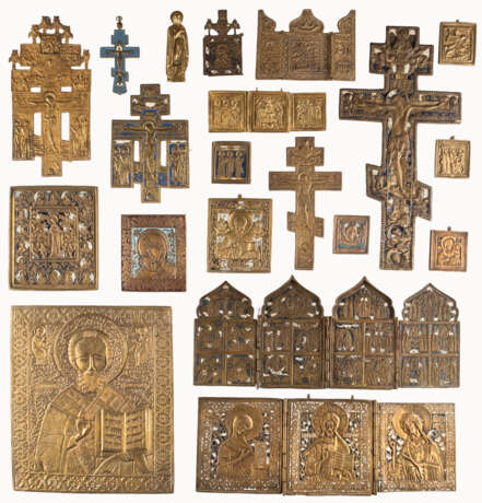 THREE TRIPTYCHS, QUADRIPTYCH, FIVE CRUCIFIXES AND ELEVEN BRASS ICONS SHOWING SELECTED SAINTS - photo 1