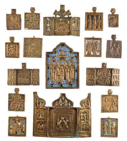FOUR TRIPTYCHS AND THIRTEEN BRASS ICONS SHOWING SELECTED SAINTS - фото 1
