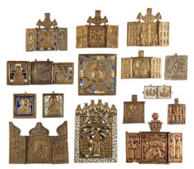 SEVEN TRIPTYCHS, A DIPTYCH AND SEVEN BRASS ICONS SHOWING THE IMAGES OF THE MOTHER OF GOD