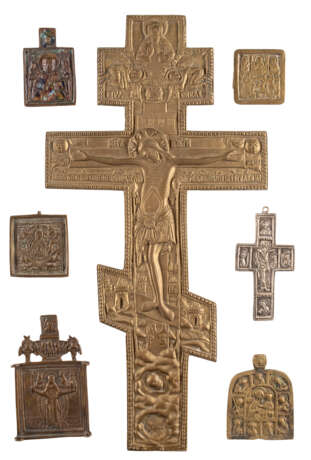 TWO CRUCIFIXES AND FIVE BRASS ICONS SHOWING THE IMAGES OF THE MOTHER OF GOD AND SELECTED SAINTS - фото 1