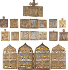 A QUADRIPTYCH, THREE TRIPTYCHS AND EIGHT BRASS ICONS SHOWING THE MAIN FEASTS OF THE ORTHODOX CHURCH