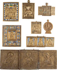 THREE TRIPTYCHS AND FIVE BRASS ICONS SHOWING THE DEISIS, THE TRINITY AND THE IMAGES OF CHRIST