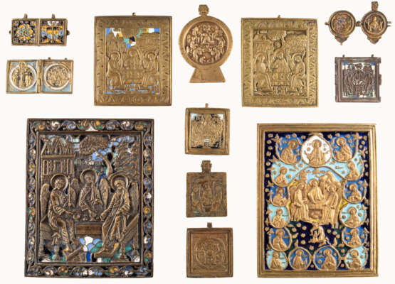 THREE DIPTYCHS AND NINE BRASS ICONS AND FRAGMENTS SHOWING THE HOLY TRINITY - photo 1