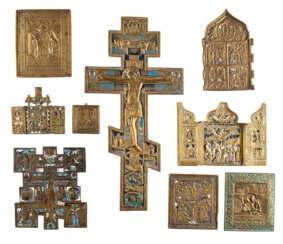 TWO CRUCIFIXES, TWO TRIPTYCHS UND FIVE BRASS ICONS AND FRAGMENTS SHOWING THE MAIN FEASTS OF THE ORTHODOX CHURCH