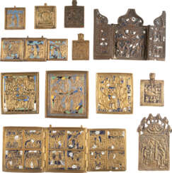 THREE TRIPTYCHS AND NINE BRASS ICONS SHOWING THE MAIN FEASTS OF THE ORTHODOX CHURCH