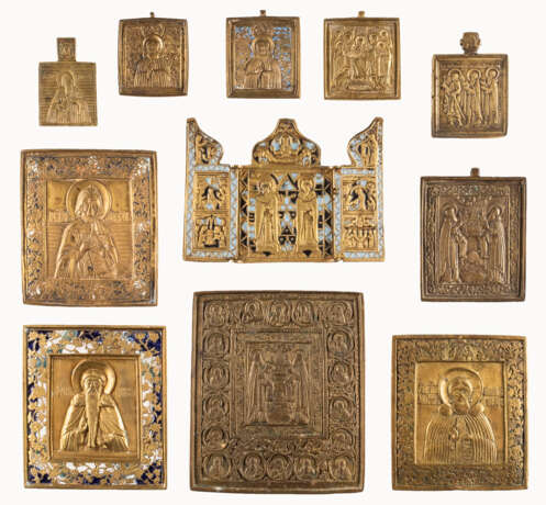 A TRIPTYCH AND TEN BRASS ICONS SHOWING SELECTED SAINTS - photo 1