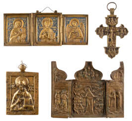 TWO TRIPTYCHS, A CRUCIFIX AND A BRASS ICON SHOWING CHRIST PANTOKRATOR