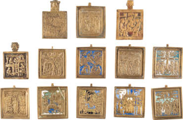 THIRTEEN BRASS ICONS SHOWING THE MAIN FEASTS OF THE ORTHODOX CHURCH