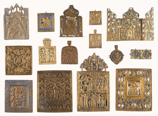A TRIPTYCH, A DIPTYCH AND THIRTEEN BRASS ICONS AND FRAGMENTS SHOWING THE IMAGES OF THE MOTHER OF GOD - photo 1
