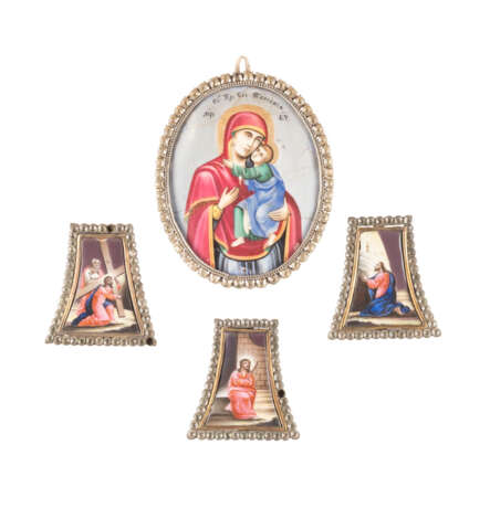 FOUR ENAMEL MEDALLIONS FROM A CHALICE SHOWING SCENES FROM THE PASSION OF CHRIST AND THE TOLGSKAYA MOTHER OF GOD - photo 1