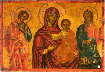 A DATED ICON SHOWING THE HODEGETRIA MOTHER OF GOD FLANKED BY ST. JOHN AND ST. ANDREW