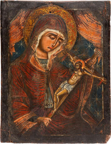 AN ICON SHOWING THE MOTHER OF GOD HOLDING IN HER ARMS CHRIST CRUCIFIED UPON HIS CROSS - photo 1