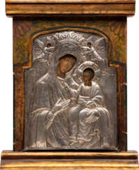 THE CENTRAL PANEL OF A TRIPTYCH SHOWING THE MOTHER OF GOD HODIGITRIA WITH A SILVER OKLAD