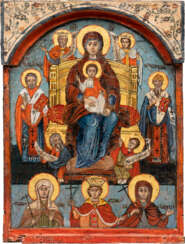 THE CENTRAL PANEL OF A TRIPTYCH SHOWING THE ENTHRONED MOTHER OF GOD AND SELECTED SAINTS