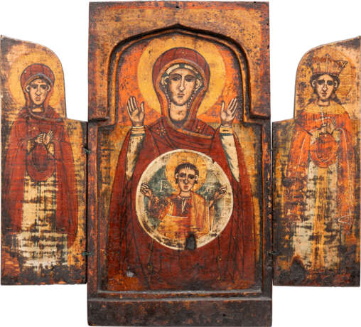 A TRIPTYCH SHOWING THE MOTHER OF GOD OF THE SIGN AND STS. PARASKEVA AND CATHERINE - photo 1