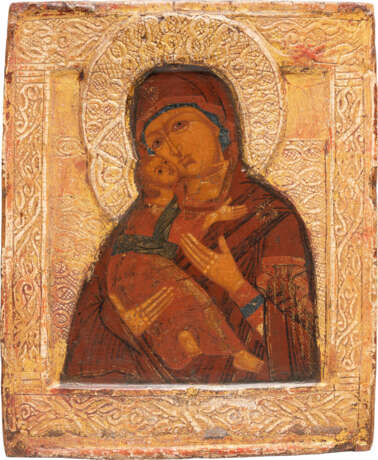 AN ICON SHOWING THE VLADIMIRSKAYA MOTHER OF GOD WITH STUCCO RIZA - Foto 1