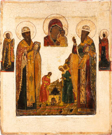 A RARE ICON SHOWING TWO SAINTS AND THE FINDING OF THE KAZANSKAYA ICON - фото 1