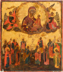 A DATED ICON SHOWING THE TIKHVINSKAYA MOTHER OF GOD AND A SELECTION OF FAVOURITE SAINTS