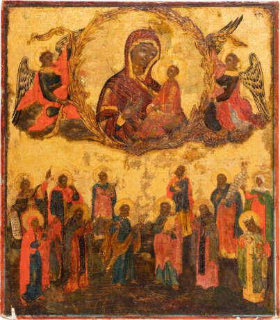 A DATED ICON SHOWING THE TIKHVINSKAYA MOTHER OF GOD AND A SELECTION OF FAVOURITE SAINTS - photo 1