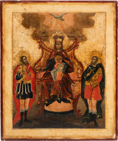 AN ICON SHOWING THE ENTHRONED MOTHER OF GOD FLANKED BY TWO WARRIOR SAINTS (ST. THEODORE STRATILATES AND THEODORE TYRON?) - Foto 1