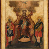 AN ICON SHOWING THE ENTHRONED MOTHER OF GOD FLANKED BY TWO WARRIOR SAINTS (ST. THEODORE STRATILATES AND THEODORE TYRON?) - фото 1
