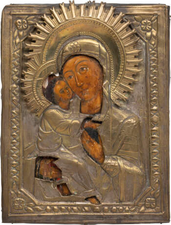 A SMALL ICON SHOWING THE VLADIMIRSKAYA MOTHER OF GOD WITH OKLAD - фото 1