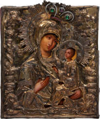 A SIGNED AND DATED ICON SHOWING THE TIKHVINSKAYA MOTHER OF GOD WITH A SILVER-GILT OKLAD