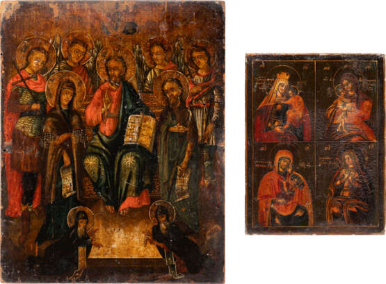 A SMALL QUADRI-PARTITE ICON SHOWING IMAGES OF THE MOTHER OF GOD AND AN ICON SHOWING AN EXTENDED DEISIS - фото 1