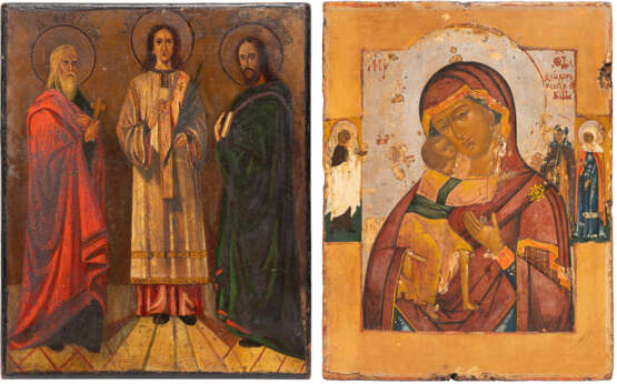 TWO ICONS SHOWING THE FEODOROVSKAYA MOTHER OF GOD AND STS. SAMON, GURIY AND AVIV - photo 1